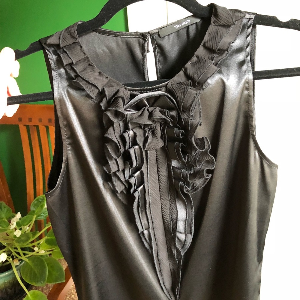 Tahari Black Satin Sleeveless Blouse Ruffled SZ4